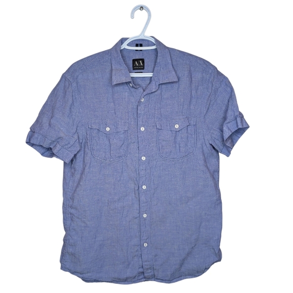AX Armani Exchange Men's Medium 100% Linen Blue Button Down Short Sleeve Top - Picture 1 of 8